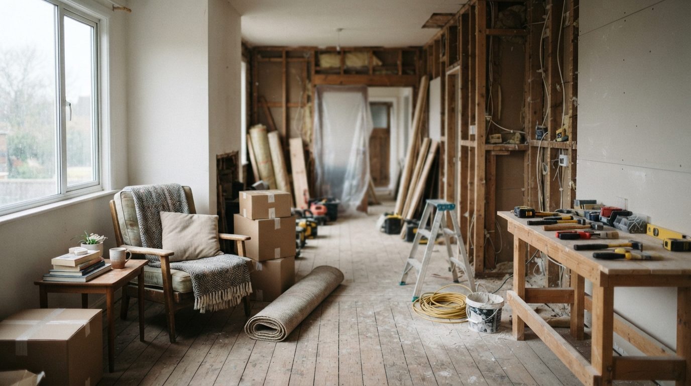 Stemningsbillede til guiden: Bo i huset under renovering: støv, vand, strøm og flytning af møbler i rigtig…